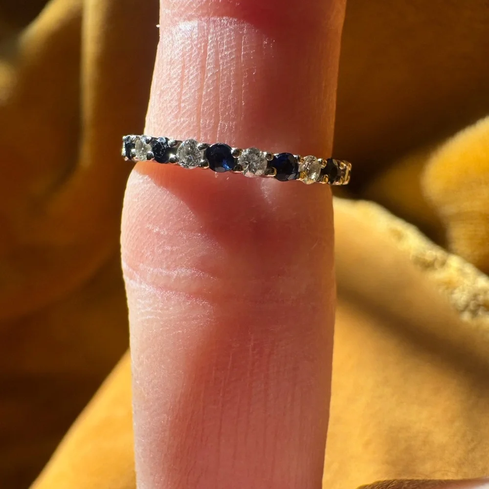 Petite Genuine Ceylon Sapphire and Natural Diamond eternity band - Picture 3 of 4